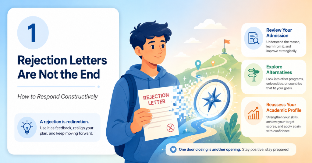 Illustration of university admissions: a student turns a rejection letter into a compass. Title: "Rejection Letters Are Not the End."